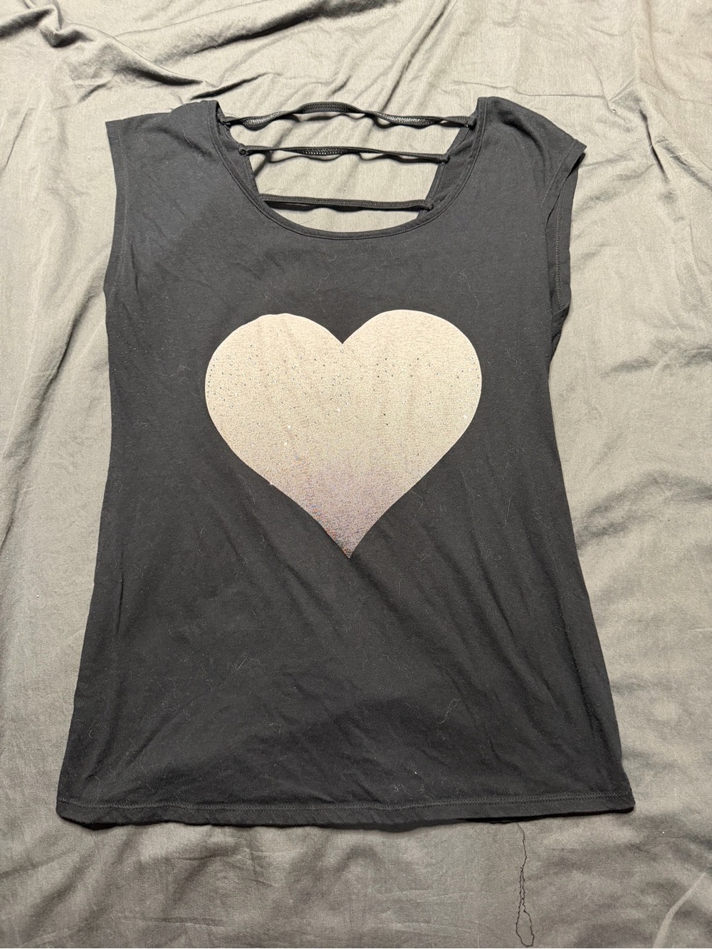Rue21 Black Tank with Shimmery Cream Heart and Ladder Back Straps